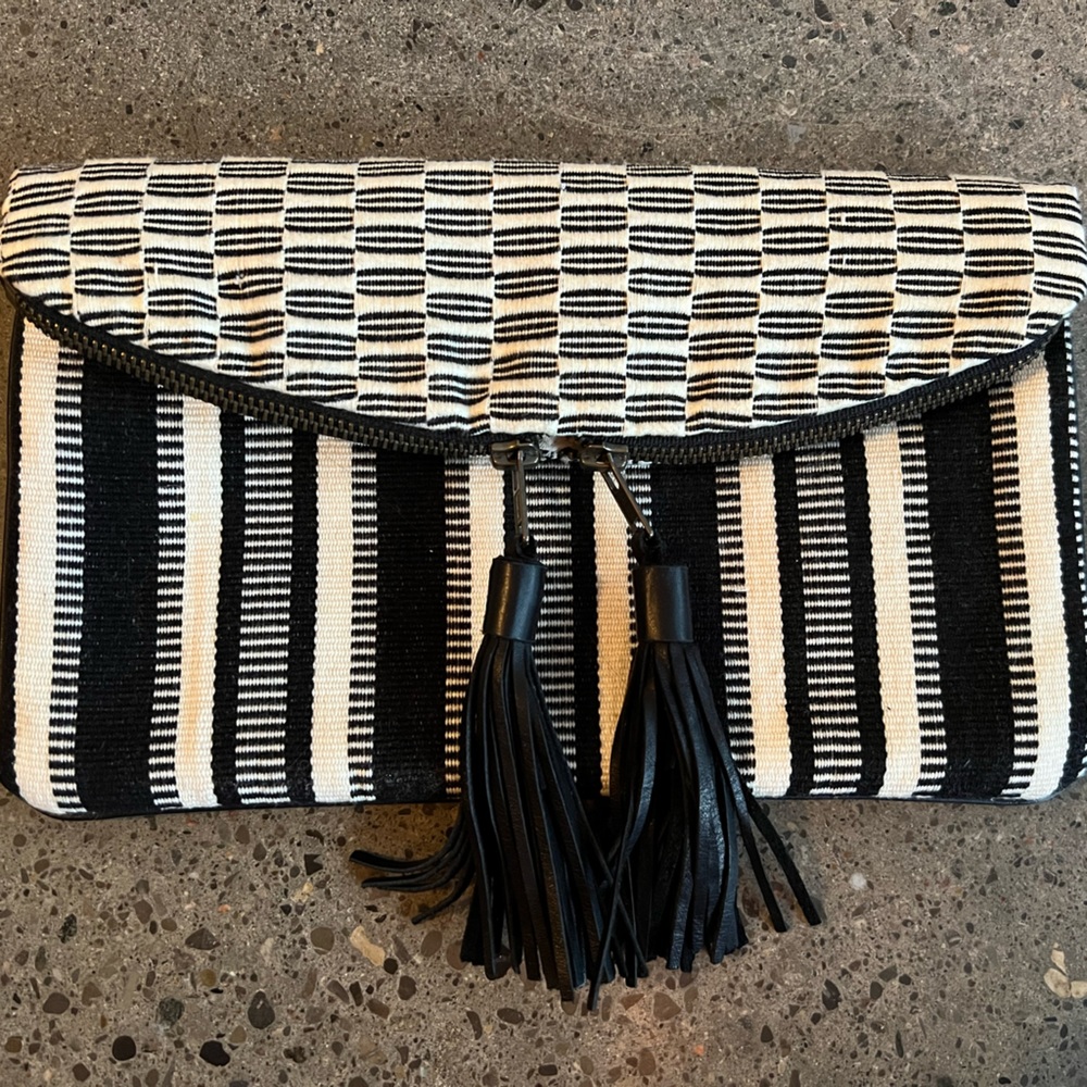 Black and white woven clutch